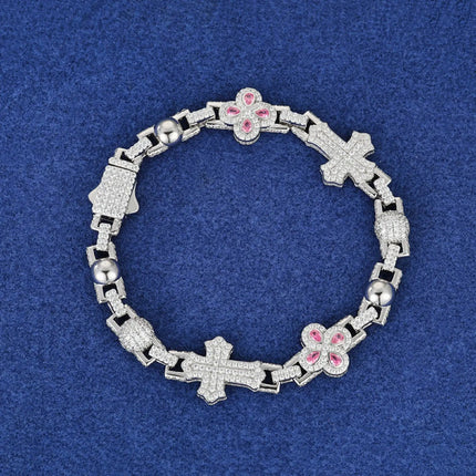 14mm S925 Moissanite Pink Four Leaf Clover Cross Bracelet