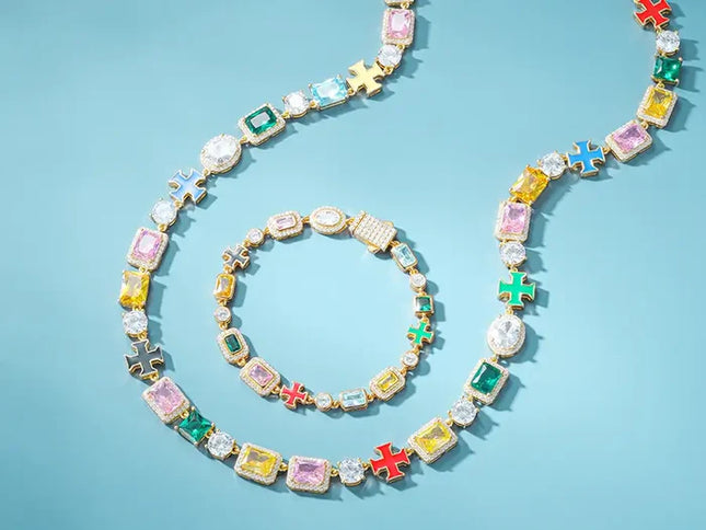 10mm S925 Moissanite Enamel Cross Colorful Gemstone Tennis Chain