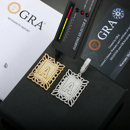 S925 Moissanite Letter A Square Dog Tag Pendant  Sleek geometric lines meet precision gem setting for a bold customizable statement piecewhere individuality and luxury collide.  Noctari style.