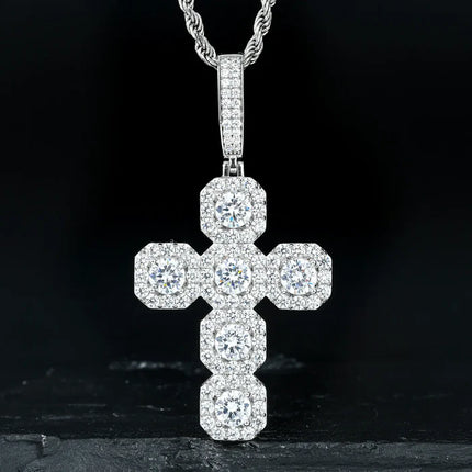 S925 Moissanite Square Halo Cross Pendant