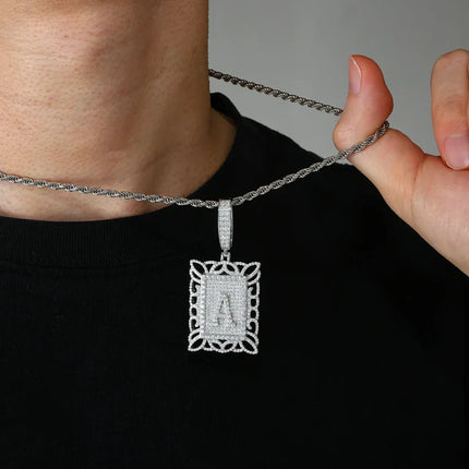 S925 Moissanite Letter A Square Dog Tag Pendant  Sleek geometric lines meet precision gem setting for a bold customizable statement piecewhere individuality and luxury collide.  Noctari style.