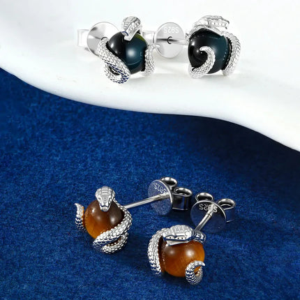 S925 Tiger's Eye Stone Snake Stud Earrings