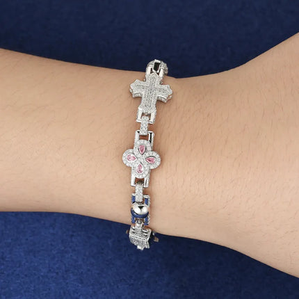14mm S925 Moissanite Pink Four Leaf Clover Cross Bracelet