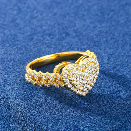 S925 Moissanite 2 Layer Heart Ring with Cuban Side