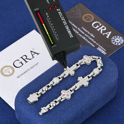 14mm S925 Moissanite Pink Four Leaf Clover Cross Bracelet