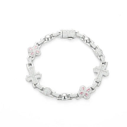 14mm S925 Moissanite Pink Four Leaf Clover Cross Bracelet