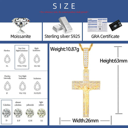 S925 Baguette Moissanite Crucifix Cross Pendant
