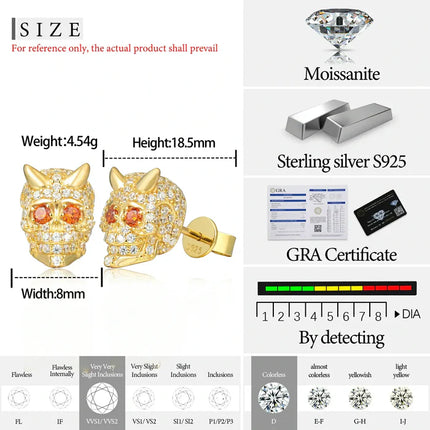S925 Moissanite Skull Demon Stud Earring