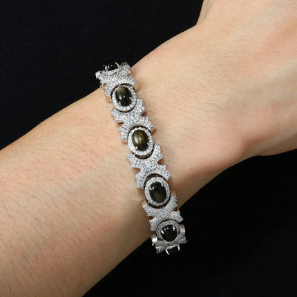 13mm S925 Moissanite Oval Natural Obsidian X Link Bracelet