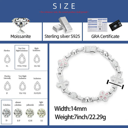 14mm S925 Moissanite Pink Four Leaf Clover Cross Bracelet