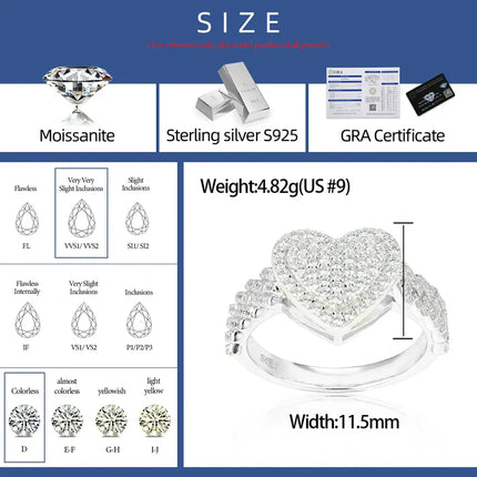 S925 Moissanite 2 Layer Heart Ring with Cuban Side
