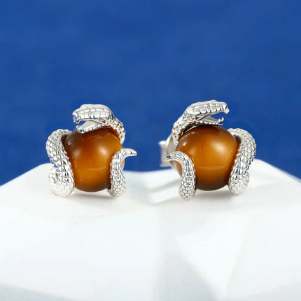 S925 Tiger's Eye Stone Snake Stud Earrings