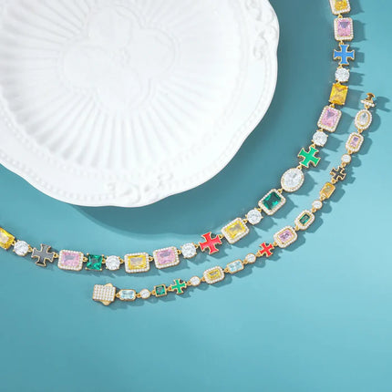 10mm S925 Moissanite Enamel Cross Colorful Gemstone Tennis Chain
