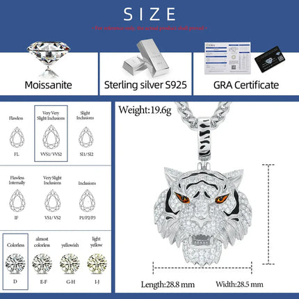 S925 Moissanite 3D Tiger Head Pendant